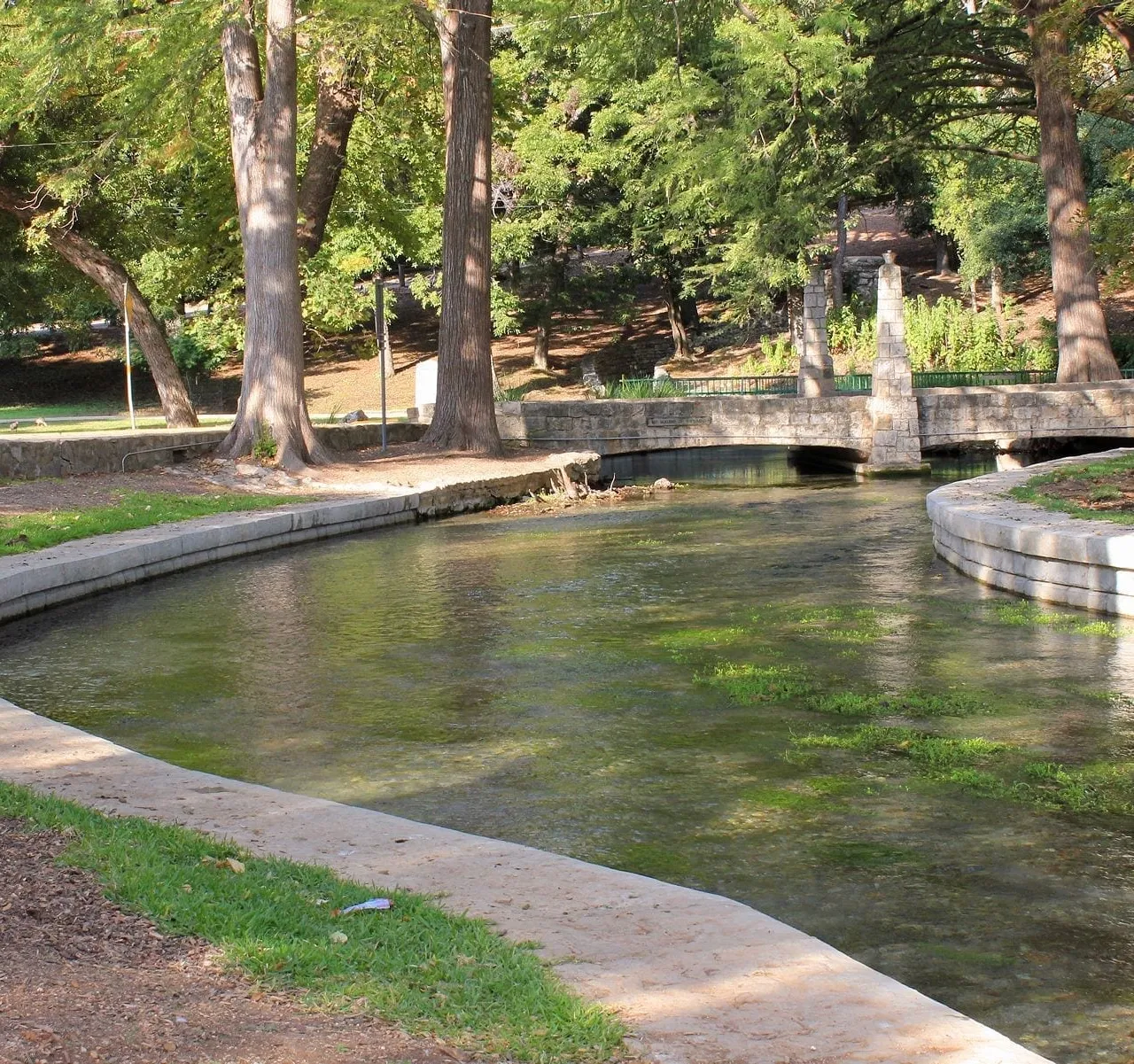 The clear, spring-fed Comal River flowing through Landa Park in New Braunfels, Texas