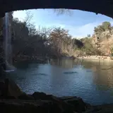 Wide view of Hamilton Pool Preserve canyon and swimming area