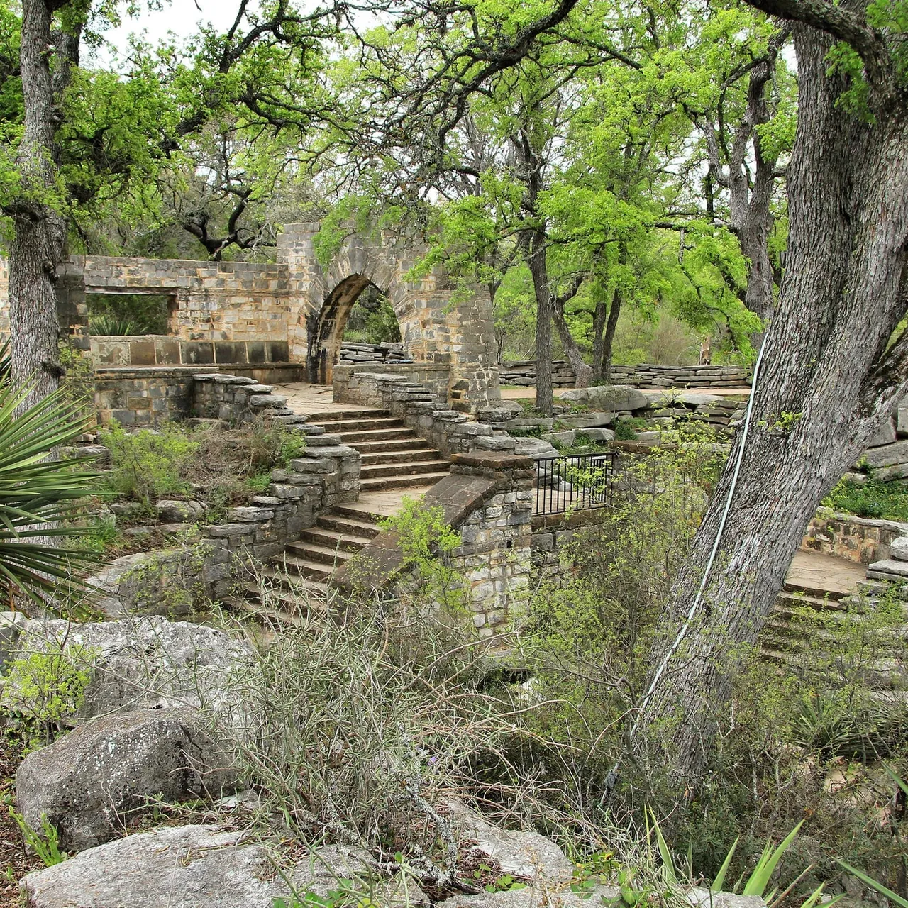 CCC-built stone stairway descending into Longhorn Cavern at the state park near Burnet