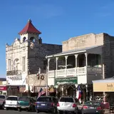 Historic limestone buildings along East Main Street in the Fredericksburg Historic District