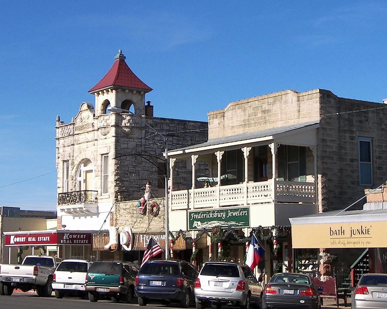 Historic limestone buildings along East Main Street in the Fredericksburg Historic District