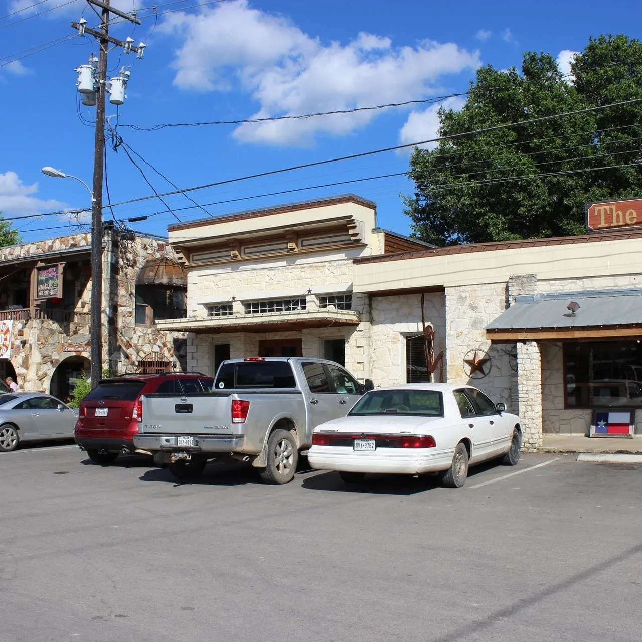 Charming shops and storefronts in downtown Wimberley, Texas